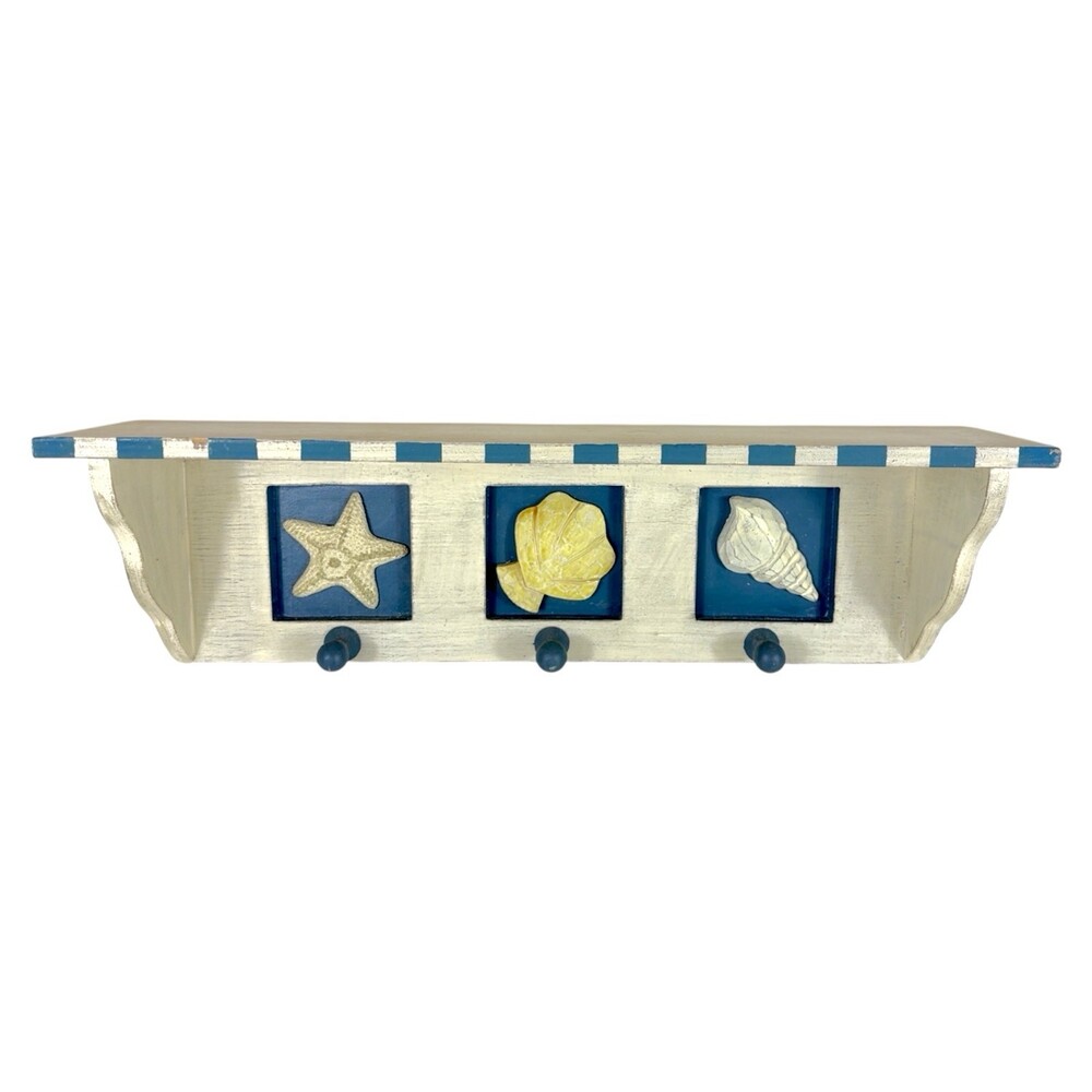 Vintage Nautical Wood Wall Shelf 3 Hooks Coastal Beach Decor Starfish Seashell